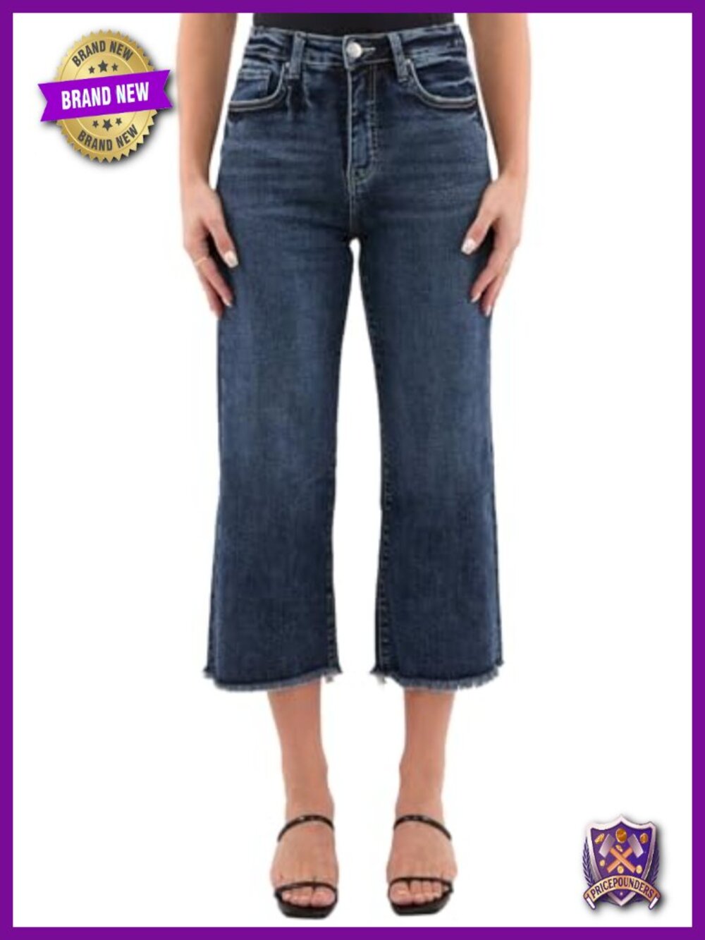 High Rise Wide Leg Cropped Frayed Hem Jeans Tummy Control Stretch Denim